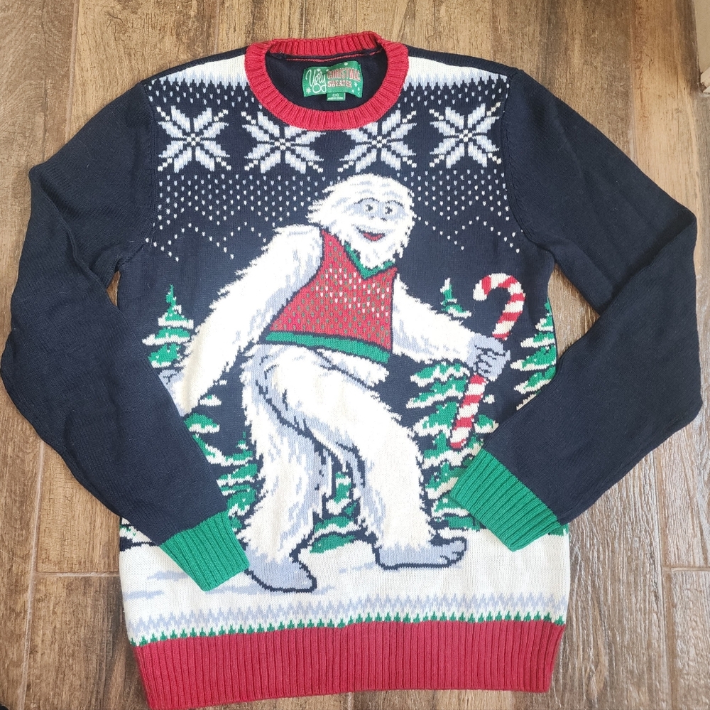 Playful Yeti Holiday Sweater - Navy and Red